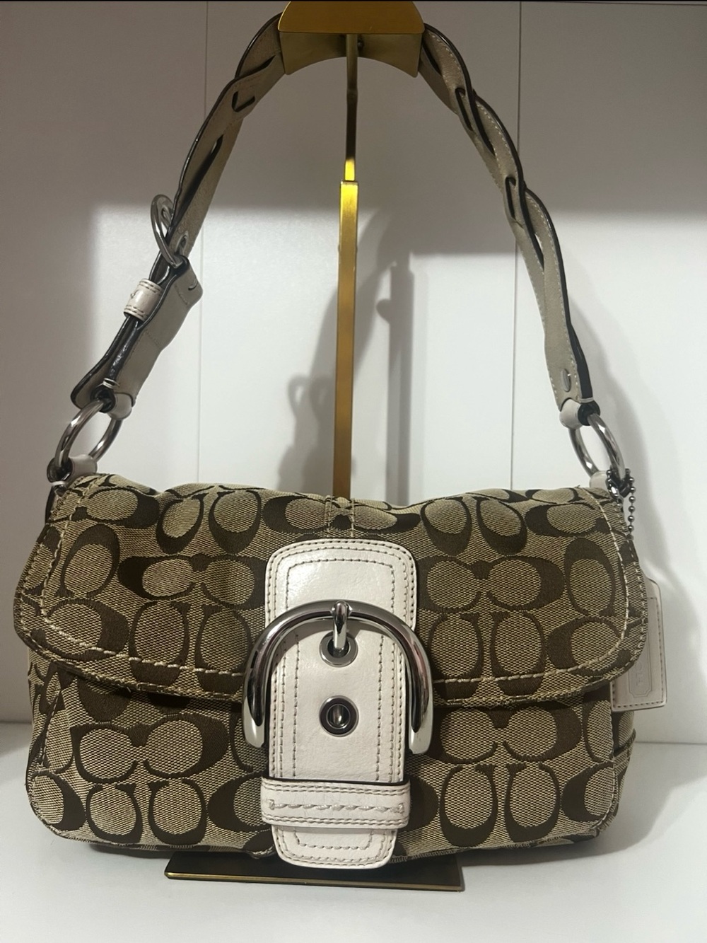 Coach Khaki Signature Canvas Shoulder Bag with White Leather Trim